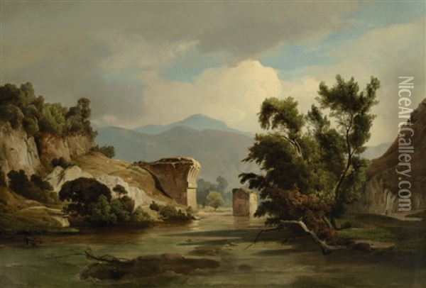 Italienische Flusslandschaft Mit Bruckenruine Oil Painting - Ernst Fries