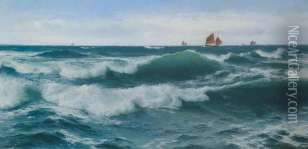 Waves Breaking In Shallow Waters With Boats Off To The Fishing Grounds Beyond Oil Painting - David James