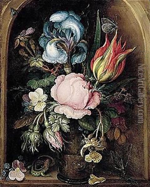 A Still Life Of An Iris, A Tulip, A Rose, Moss-roses And Other Flowers And Plants In A Glass Vase, Flanked By A Lizard And A Dragonfly, All Within A Stone Niche Oil Painting - Roelandt Jacobsz Savery