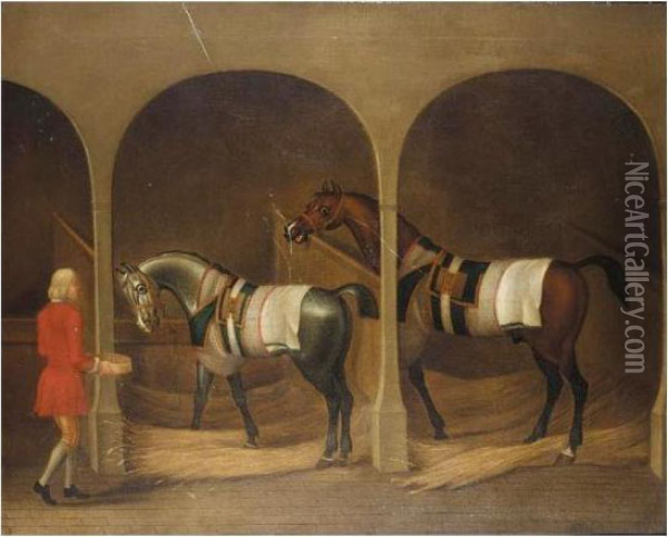 Groom Feeding Two Horses Oil Painting - James Seymour