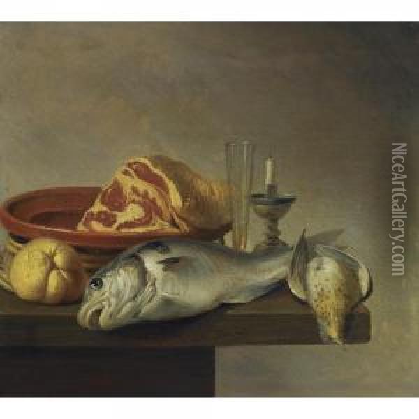 Still Life With A Ham, A Fish, A Candle And Other Objects Arranged On The Edge Of A Tabletop Oil Painting - Harmen van Steenwyck