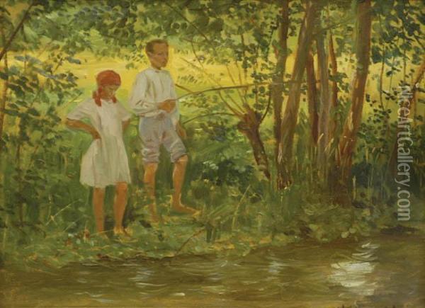 Dzieci Nad Stawem Oil Painting - Wincenty Wodzinowski