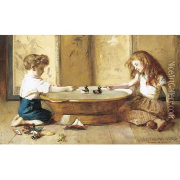 Children At Play With Toy Ducks Oil Painting - William Hippon Gadsby