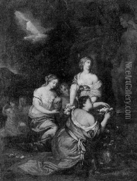 Women At A Shrine To Venus Oil Painting - Caspar Netscher