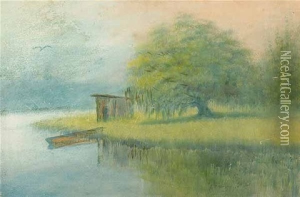 Louisiana Oak And Trapper's Cabin, Bayou Teche Oil Painting - Alexander John Drysdale