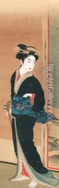 Geisha With Shamisen Oil Painting - Gion Seitoku