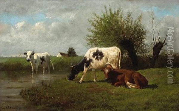 A Pastoral Landscape With Three Cows By A Stream Oil Painting - Emile Van Damme-Sylva