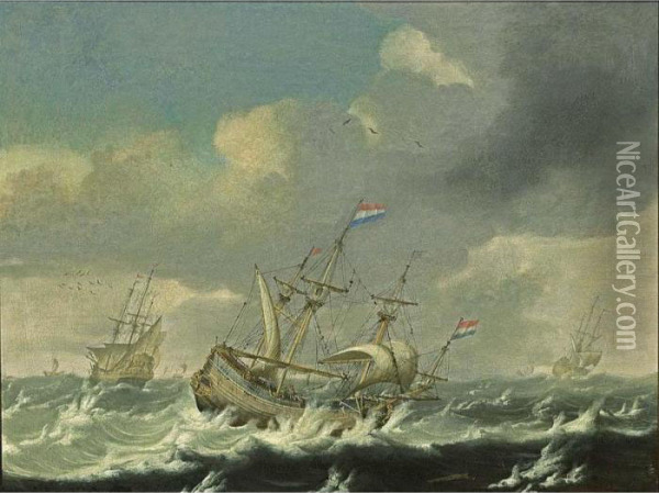 A Small Cargoship And Men'-o-war In Stormy Waters Oil Painting - Anthony Jansz van der Croos