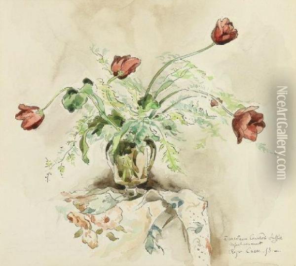 Bouquet De Tulipes Sur Une Table Oil Painting - Roger Casse