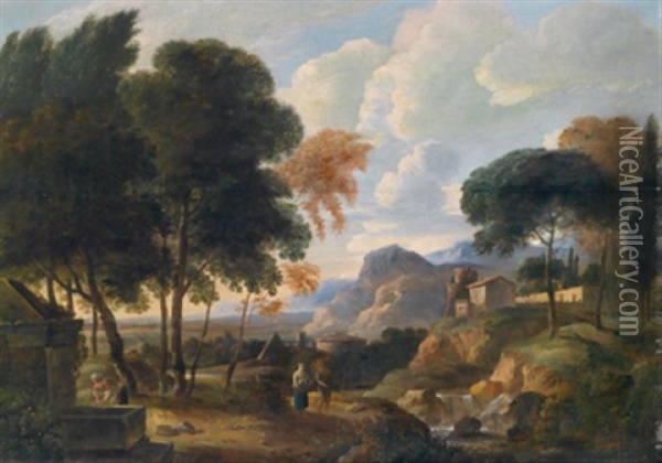 Sudliche Landschaft Mit Einer Klosteranlage Und Landleuten An Einem Brunnen Oil Painting - Jan Frans van Bloemen