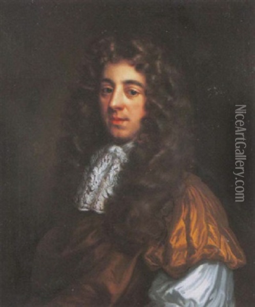 Portrait Of A Gentleman (edward Kinaston Of Oaldey?) In A Brown Robe And Lace Collar Oil Painting - John Riley