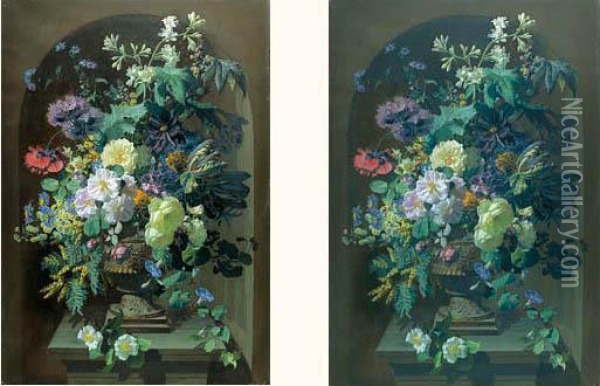 Vases De Fleurs Aux Mimosas Oil Painting - Pierre Adrien Chabal-Dussurgey