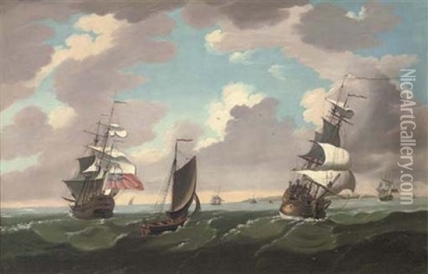 Ships Of The Fleet And Smaller Craft Off An Island Oil Painting - Charles Brooking