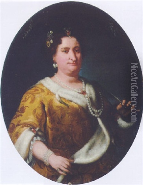 Portrait Of A Lady (contessa Maria Suardo?) Wearing An Embroidered Ermine-trimmed Yellow Dress Oil Painting - Vittore Giuseppe Ghislandi (Fra' Galgario)