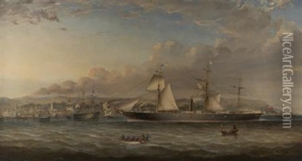 The Screw Steamer "columbia" Passing The Port Of Greenock Oil Painting - George Alexander Napier