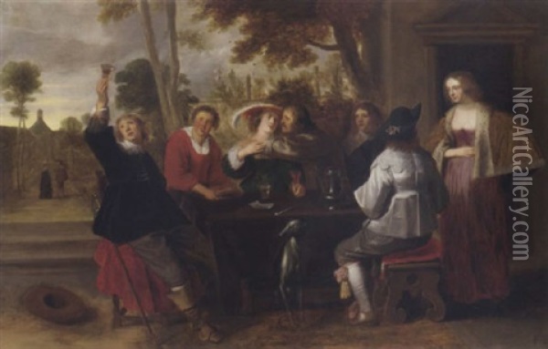 Elegant Company At A Table On A Terrace Oil Painting - Christoffel Jacobsz. Van Der Lamen
