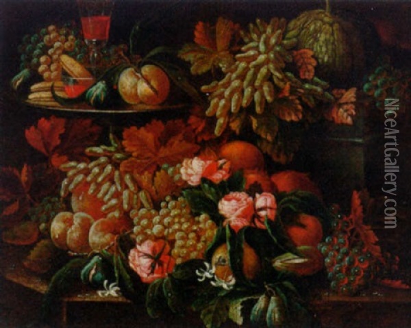 Grapes, Figs, Bananas, A Peach, A Glass And Bowl Of Wine On A Platter, A Pumpkin, Fruit, Flowers And A Bee On A Ledge Oil Painting - Giovanni Battista Ruoppolo