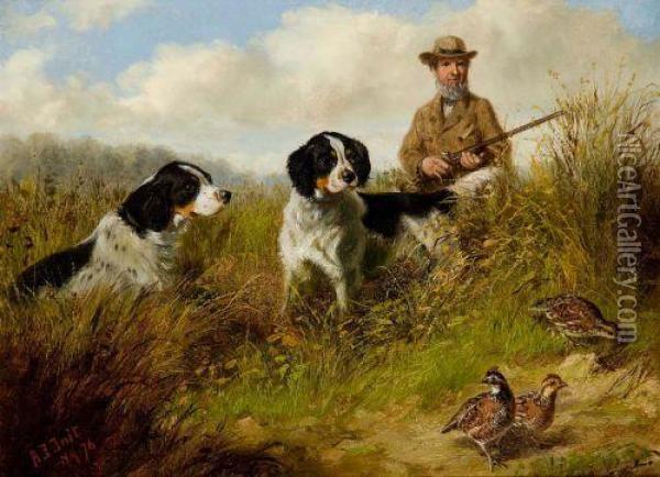 Quail Shooting - Sportsman And Two Dogs Oil Painting - Arthur Fitzwilliam Tait