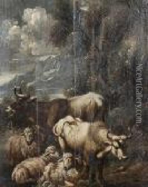Cattle And Sheep Before An Open Landscape Oil Painting - Gaetano De Rosa