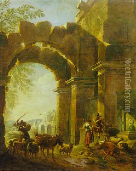 A Drover With Cattle And Other Figures Amongst Ruins, An Italianate Landscape Beyond Oil Painting - Johann Heinrich Roos
