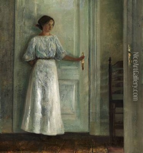 Interior With The Artist's Wife In A White Dress Oil Painting - Carl Vilhelm Holsoe