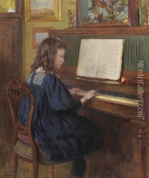 A Young Girl, Possibly The Artist's Daughter, Seated At A Piano Playing Music Oil Painting - Ernest Higgins Rigg