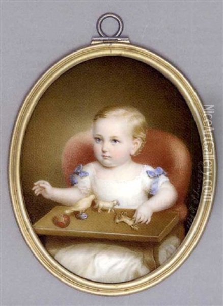 Count Maldeghem As A Child, Seated In A High Backed Red Chair With A Red Ball, A Bird And Toy Horses On A Wooden Tray Before Him, In White Dress With Blue Bows At Shoulders, Short Fair Hair Oil Painting - Richard Schwager