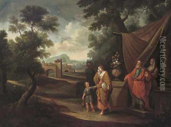 The Banishment of Hagar and Ishmael Oil Painting - German School
