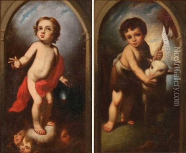 The Infant John The Baptist And The Infant Christ (pair) Oil Painting - Bartolome Esteban Murillo
