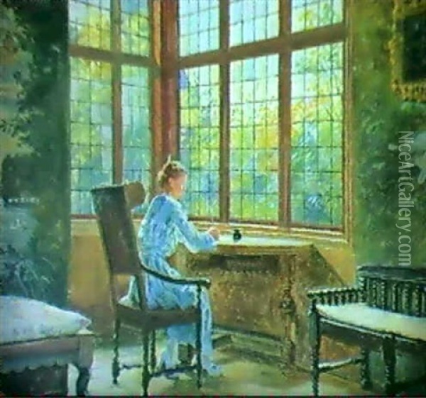Interior Med Skrivende Kvinde Oil Painting - Robert Panitzsch