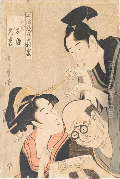 Depicting The Lovers Osome And Hisamatsu From The Series Oil Painting - Kitagawa Utamaro