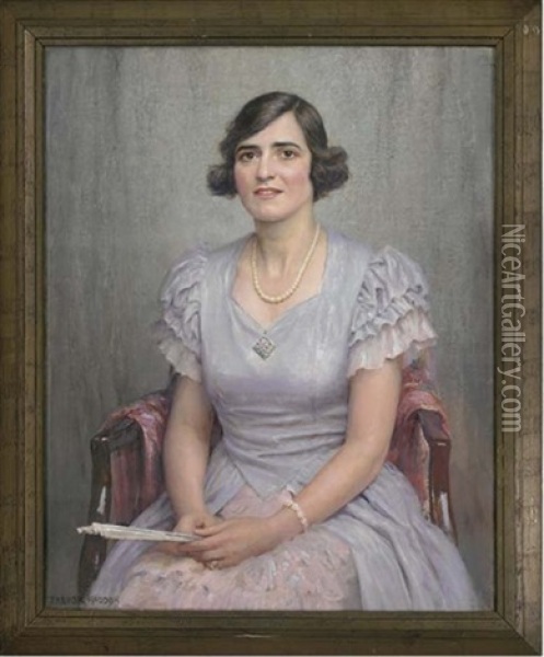 Portrait Of A Lady, Seated Three-quarter-length, In A Lilac Dress Holding A Fan Oil Painting - Arthur Trevor Haddon