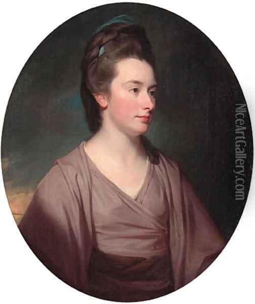 Portrait of Elizabeth, Viscountess Melbourne (1749-1818), half-length, in a mauve dress Oil Painting - George Romney