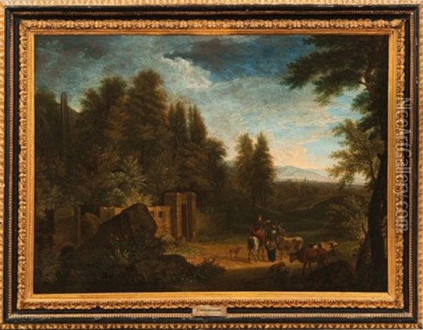 Figures With Cattle In A Classical Landscape Oil Painting - Frederick De Moucheron