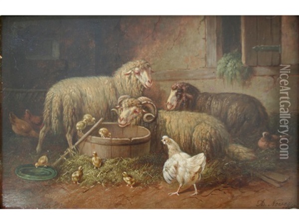 Sheep And Poultry In A Yard Oil Painting - Arthur Trevithin Nowell