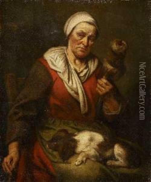 Sitzende Altere Frau Mit Einem Spinnrocken Undeinem Hundchen Oil Painting - Hendrick Bloemaert