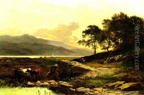 Cattle In A River Landscape Oil Painting - Sidney Richard Percy