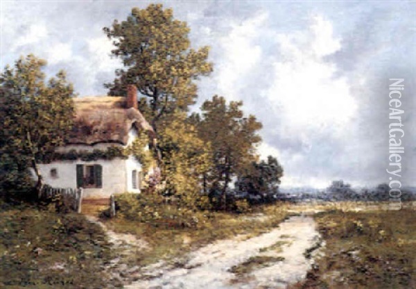 A Thatched Cottage Along A Country Road Oil Painting - Leon Richet