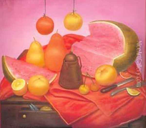 Still Life with watermelon 1976 Oil Painting - Fernando Botero