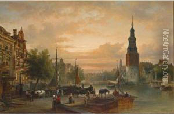 A View Of The Oude Schans With The Montelbaanstoren, Amsterdam Oil Painting - Elias Pieter van Bommel