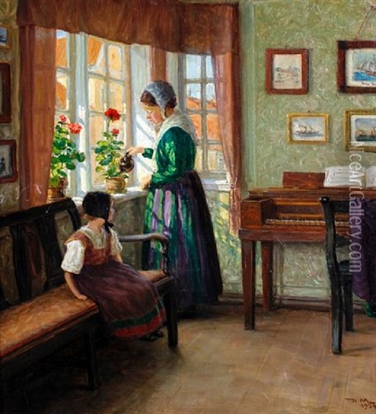 Interior Scene With Mother Watering Flowers By A Window And Young Daughter Seated Beside Oil Painting - Valdemar Holger V. Rasmussen Magaard