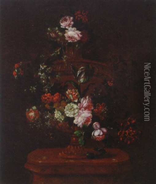 Roses, A Parrot Tulip And Other Flowers Decorating An Urn, On A Pedestal Oil Painting - Jan-Baptiste Bosschaert