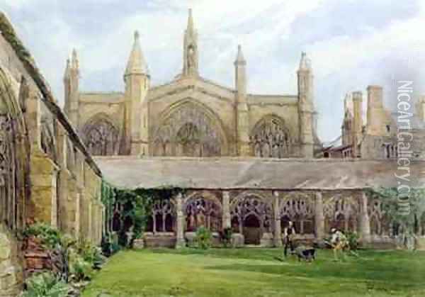 New College cloisters with gardener Oil Painting - John Fulleylove