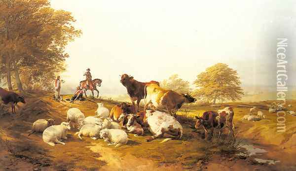 Cattle And Sheep Resting In An Extensive Landscape Oil Painting - Thomas Sidney Cooper