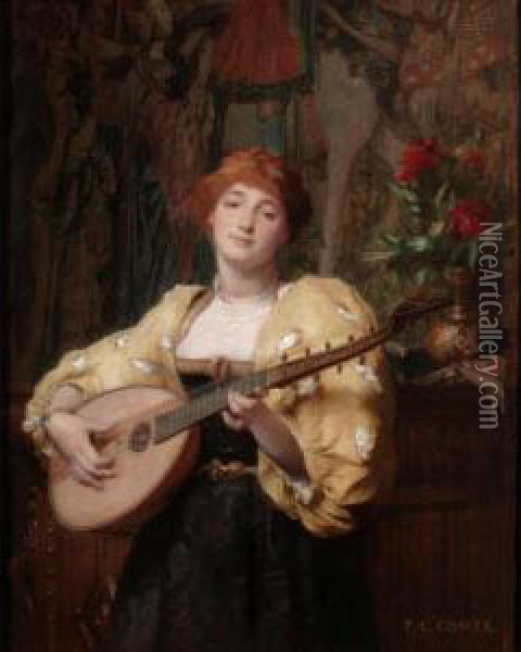 The Pretty Mandolin Player Oil Painting - Pierre Charles Comte