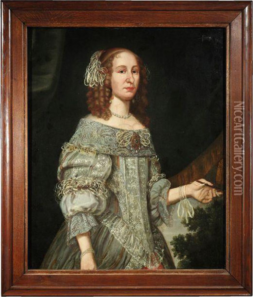 Dame In Hellem Spitzenkleid, Einen Facher In Der Hand Haltend Oil Painting - Sir Anthony Van Dyck