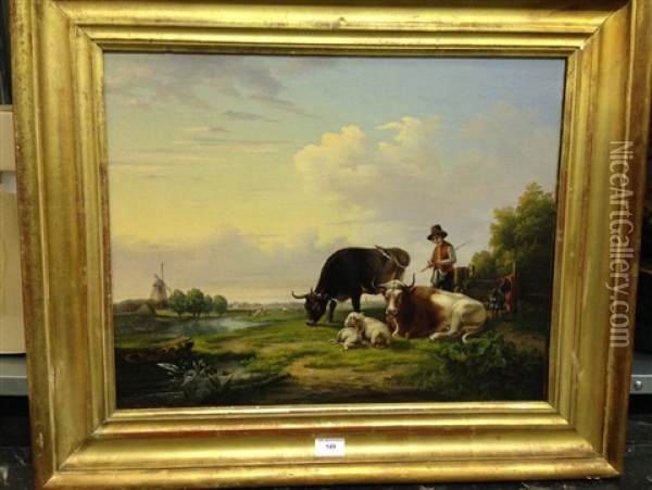 Troupeau Et Son Vacher Dans Un Paysage Au Moulin Oil Painting - August Ferdinand Ottevaere
