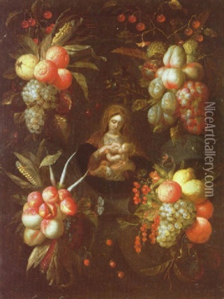 The Virgin And Child Set In A Stone Cartouche Decorated With Garlands Of Fruit Oil Painting - Jan Pauwel Gillemans The Elder