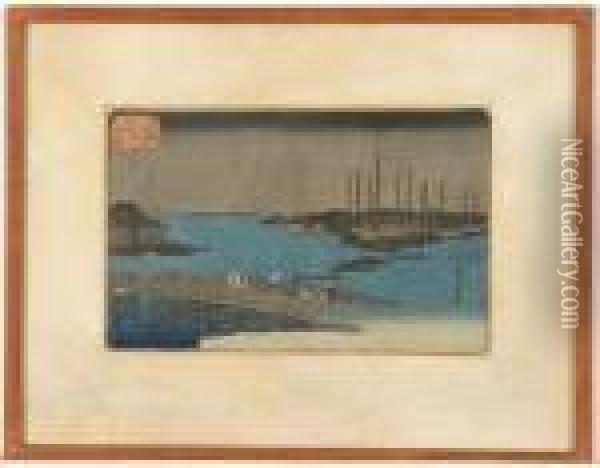 Harbor Scene At Night With Figures On A Bridge Oil Painting - Utagawa or Ando Hiroshige