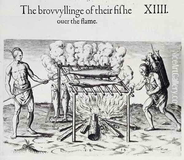 Cooking Fish, plate from A Brief and True Report of the New Found Land of Virginia by Thomas Harriot (1560-1621) pub. 1590 Oil Painting - John White